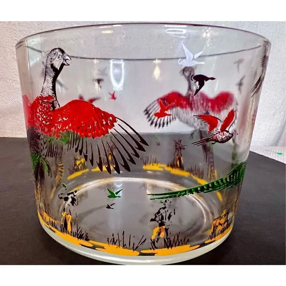 Vintage MCM Hazel Atlas Pheasant Hunters Dogs Ice Snack Bowl Glassware Barware